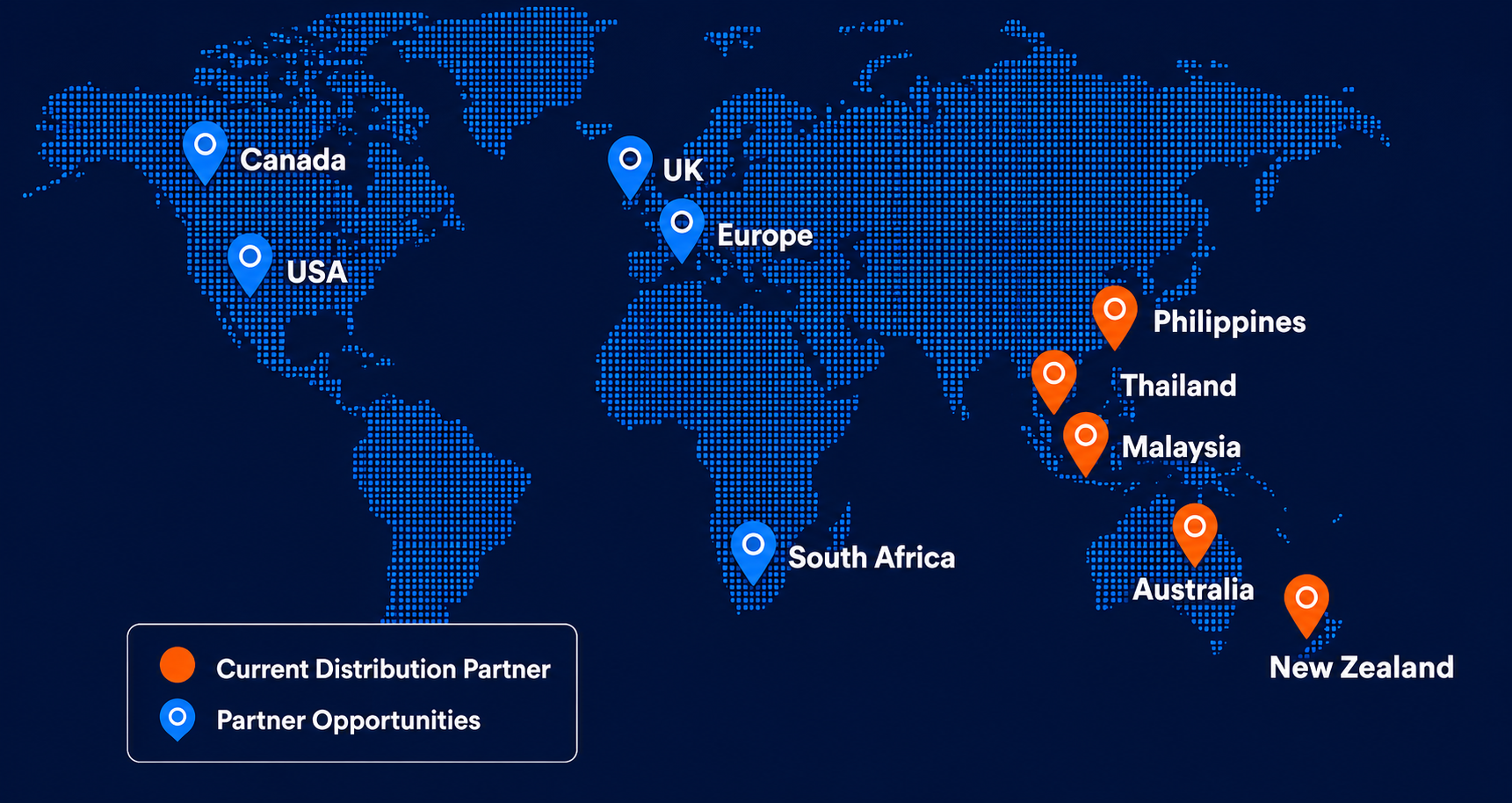 Global partner network map showing current distribution partners in Philippines, Thailand, Malaysia, Australia and New Zealand, with partner opportunities in Canada, USA, UK, Europe and South Africa